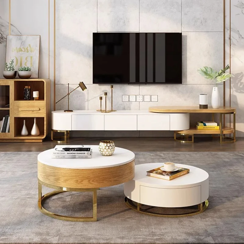 Multifunction Nordic Coffee Table Luxury Storage Floor Designer Side Table Round Wood Mesa De Centro Elevable Home Furniture