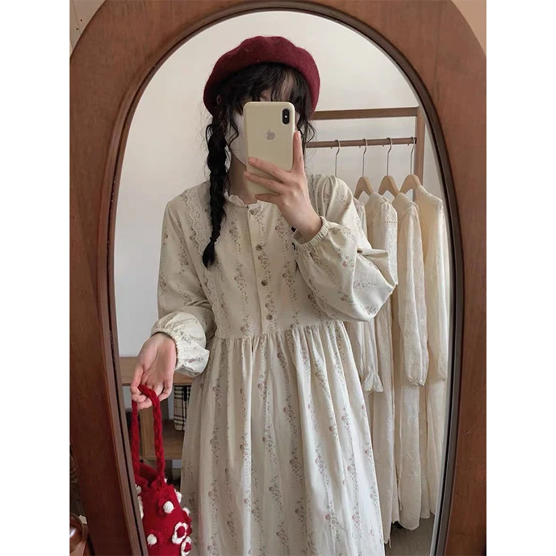 MEXZT Vintage Cord Midi Kleid Frauen Japanischen Kawaii Floral Print Kleider Winter Harajuku Ästhetische Spitze Langarm Vestidos