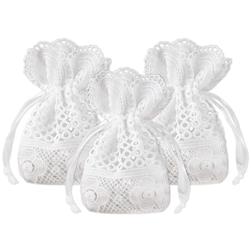 

3pcs White Lace Drawstring Bags Jewelry Packaging Bags Wedding Gifts for Guests Birthday Party Favors Christmas Gift Candy Bag