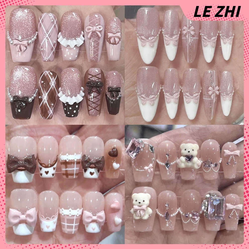 

Beautiful Gentle Handmade Long Coffin French Press On Nails Cartoon Bear Bowknot Flowers Pearl Diamond Cat Eyes Fake Nails