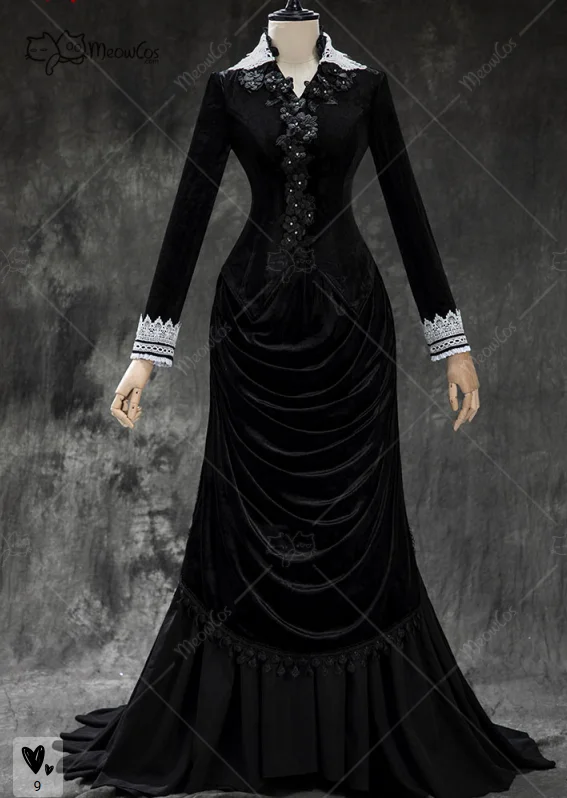 ชุดคอสเพลย์สไตล์โกธิคสีดำสำหรับผู้หญิง MEOWCOS ประกอบด้วยเสื้อแขนยาวและกระโปรงยาวผ้ากำมะหยี่แบบวินเทจ