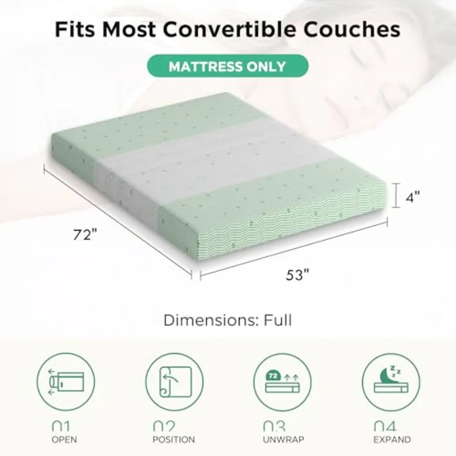 4 Inch Gel Memory Foam Sofa Mattress Light Green White Foldable Replacement for Sleeper Sofa, Couch Bed, RV, Boat, Guest Room C