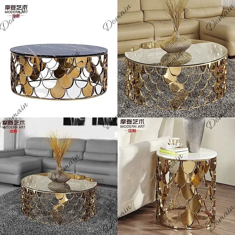 N80 Nordic Luxury Living Room Coffee Table with Fish Scale Design Marble Glass Top for Hotel Sample House