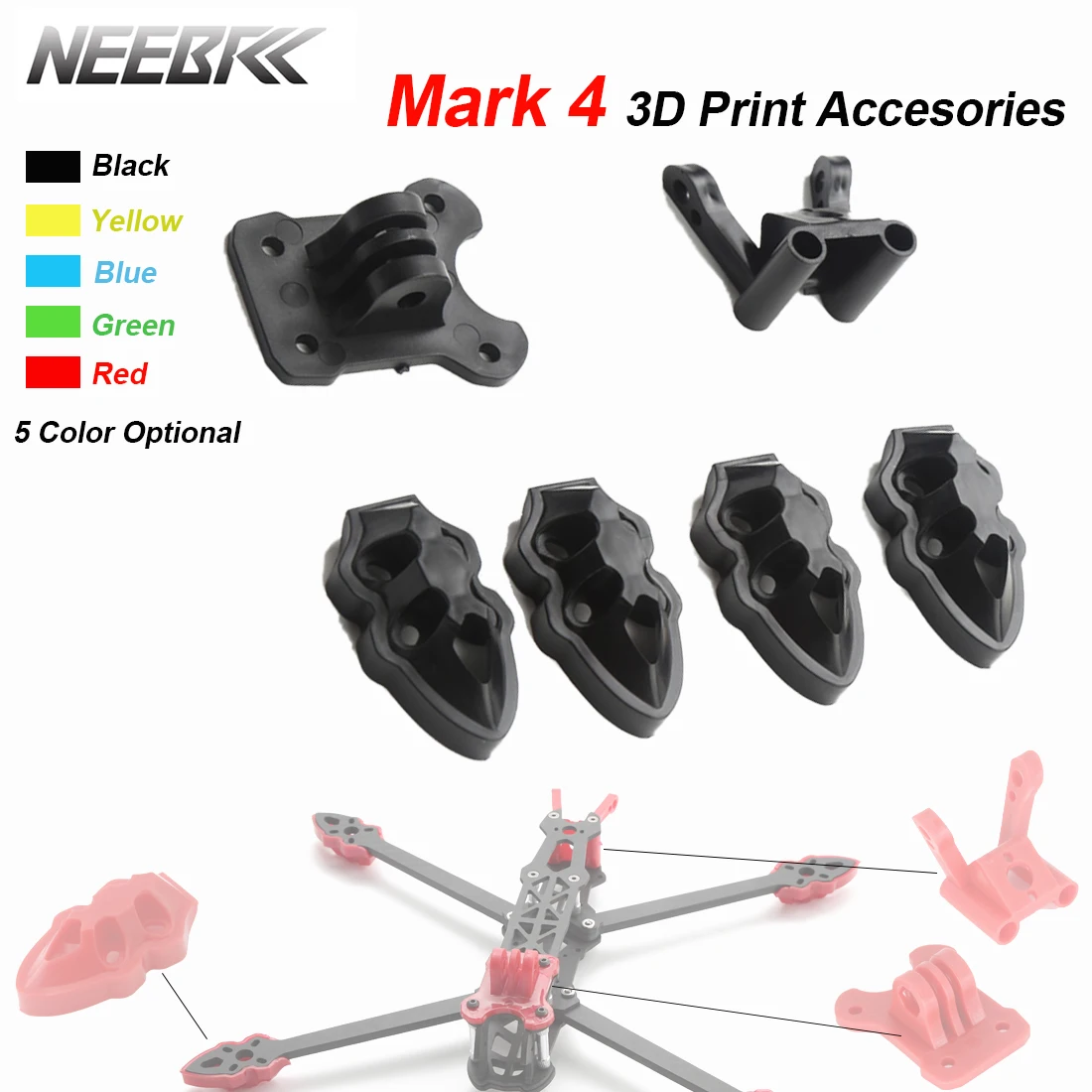 Neebrc RC Quadcopter FPV Drone, accesorios de impresión impresa en 3D, antena/montaje de cámara, brazo protector, piezas de asiento para marco Mark4