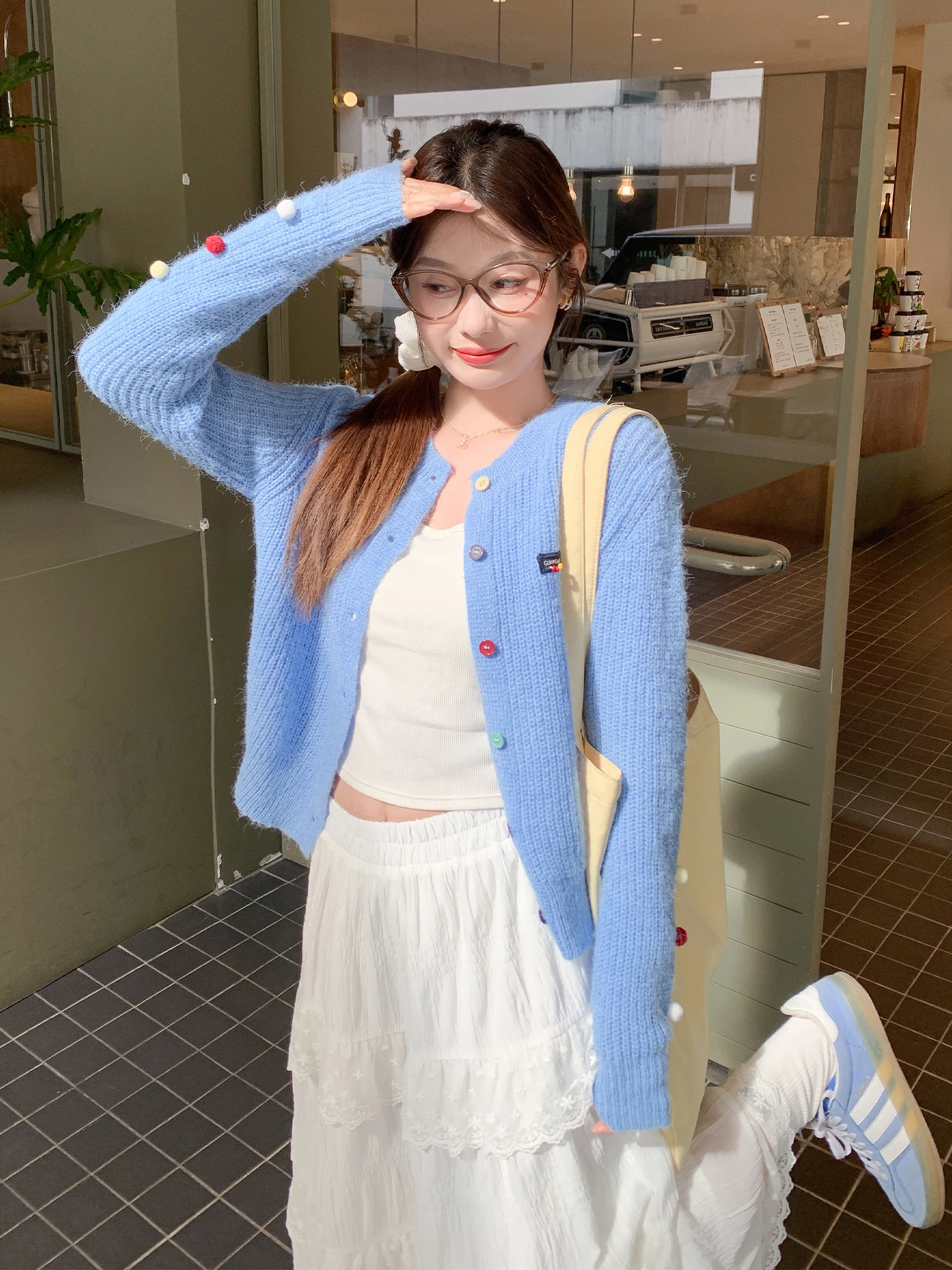 

Корейский синий вязаный кардиган-жакет для женщин, осенне-зимний, новый, маленький размер, от Zeng Xiaoxian