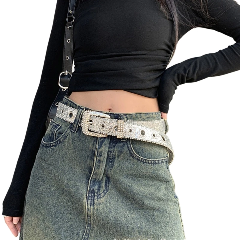 

Women Rhinestone Belt for Jeans Pin Waist Belt Blingbling Hiphop Belt for Pants Lady Waist Decors PunkStyle Cowboy Belt