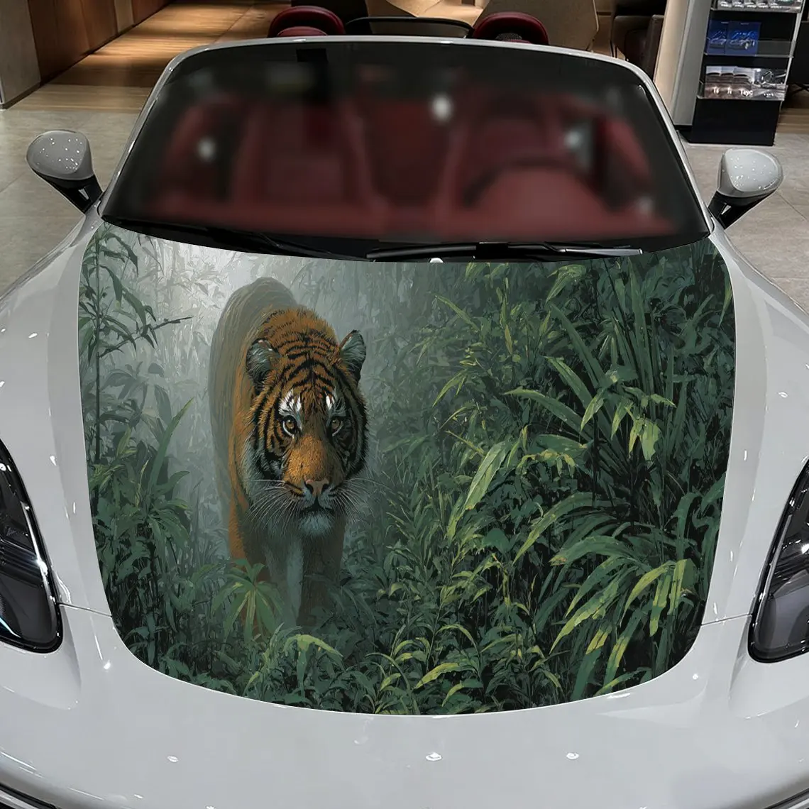 

Car Decals A Tiger In Intense Jungle Stalk Close - Up With Rich Greenery And Concealed Stance Car Hood Sticker, Waterproof Self