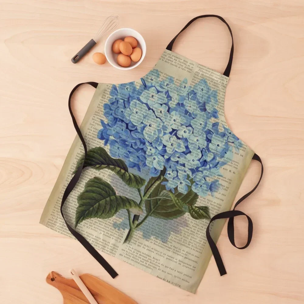 Botanical print, on old book page - Blue Hydrangea flowers Apron Kitchen Front Waterproof man chef uniform Apron