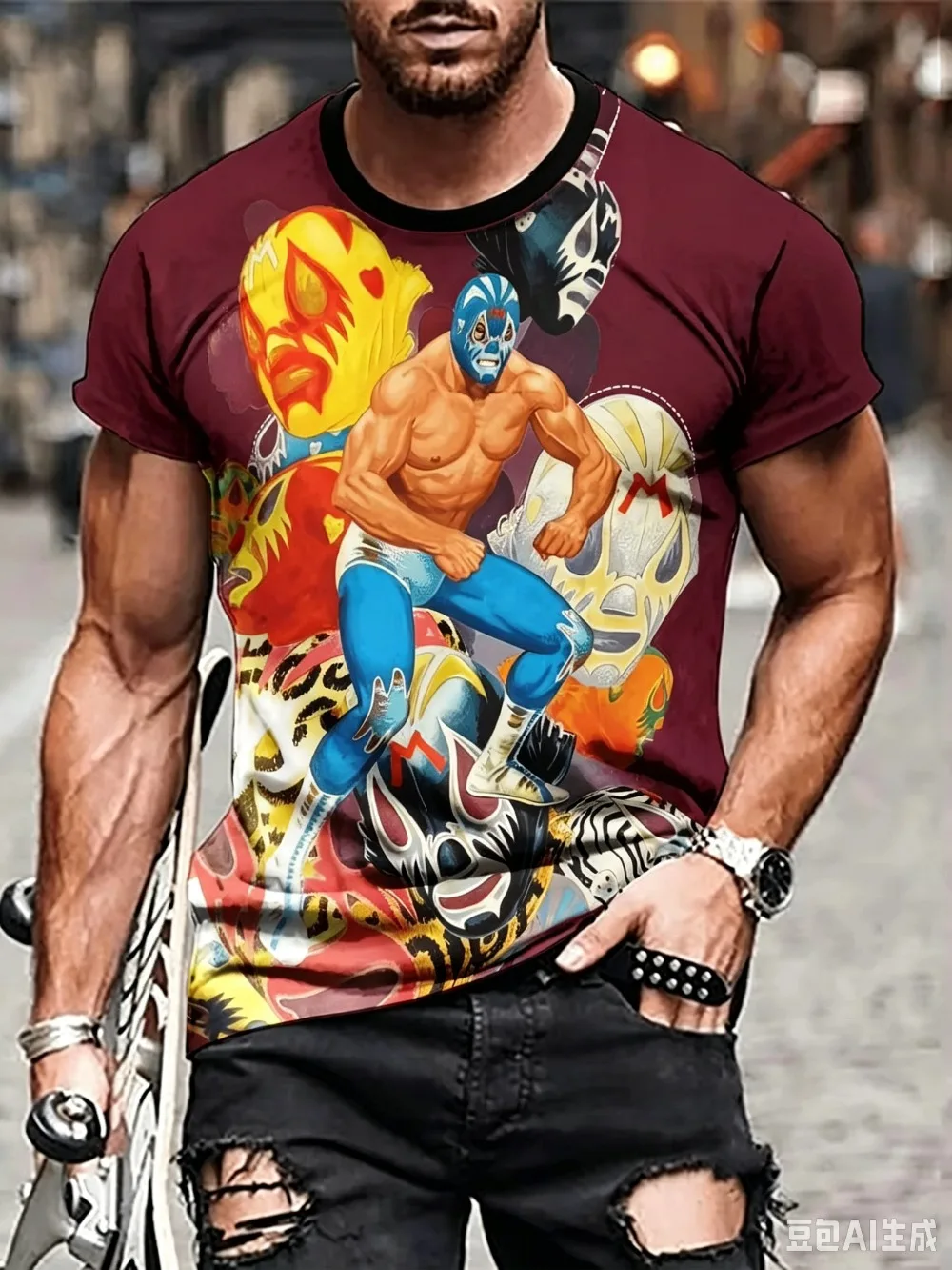 Retro Mexican Freestyle Wrestler Mask Pattern 3 D Printed Men's Large-T-Shirt for Casual Street Comfort Breathable Parental Wear