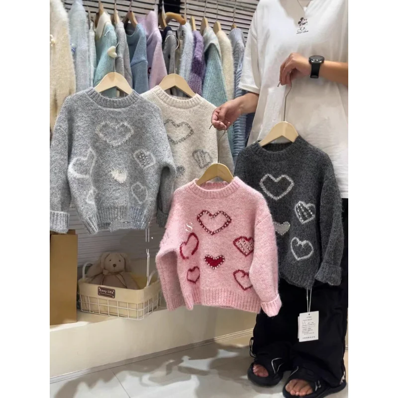 

Girls' Stylish Sweet Soft Heavy Craft Heart-Shaped Rhinestone2025Autumn Versatile Thickened Warm Round Neck Pullover Sweater