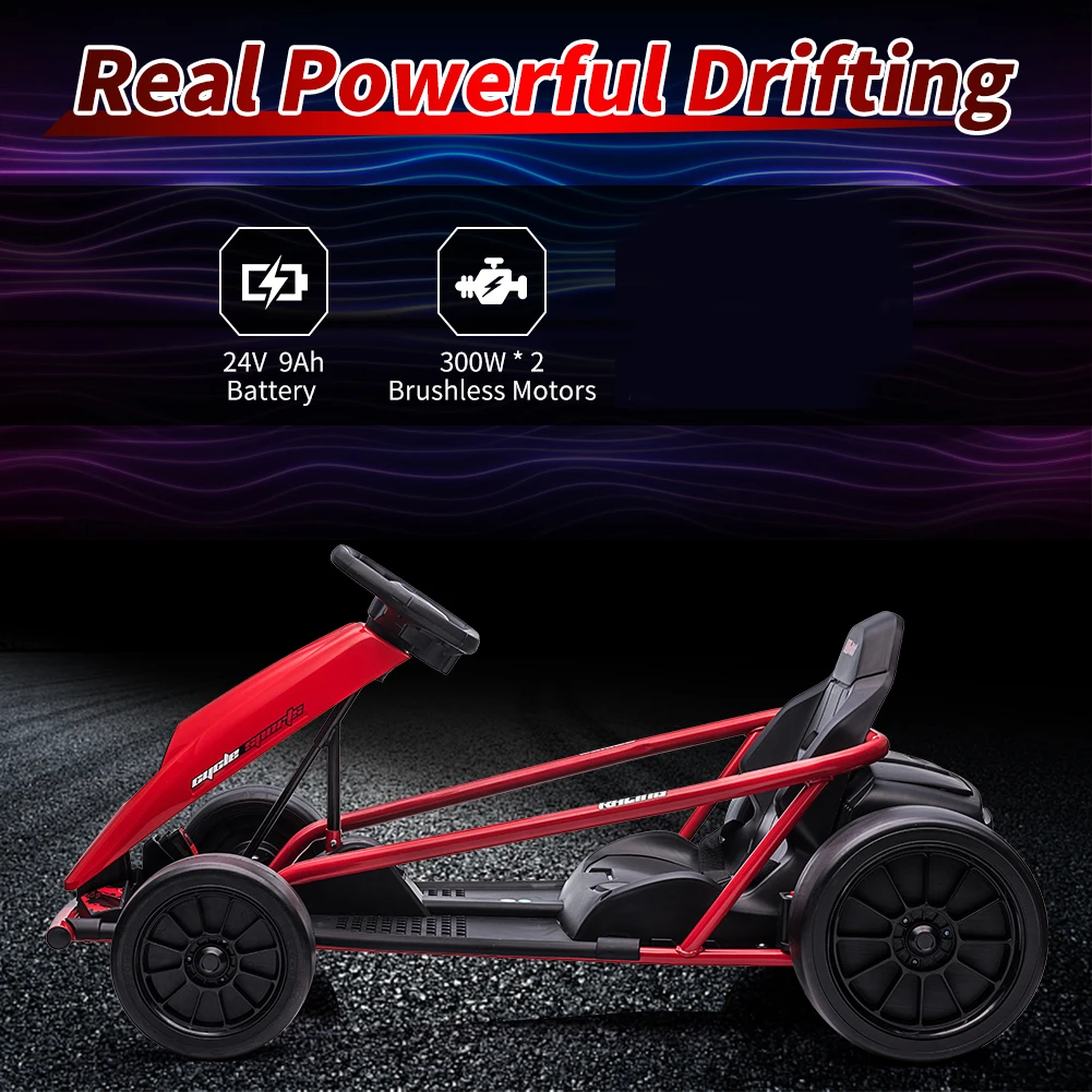 24V 강력한 고카트, 300W*2 모터, 8.1MPH 고속 드리프트 주행 차량, 최대 하중 155lbs, 음악 및 조명 포함 야외 놀이용