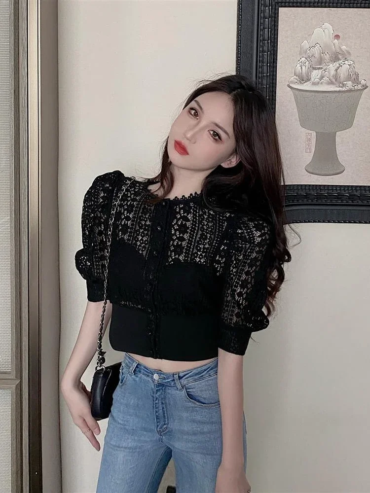 Sweet Crochet Top Blouse Women Sexy Hollow Out Shirt Vintage Puff Sleeve Korean  Shirts Fashion Chic Tops Blusas