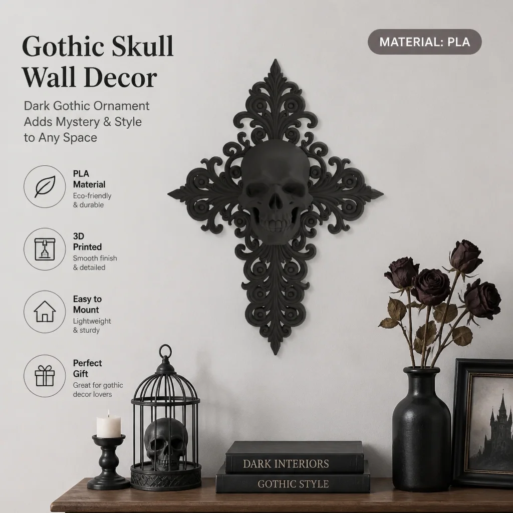 Gothic Skull Cross Wall Decor, Black PLA Plastic 3D Printed Ornate Wall Art for Dark Academia Halloween Home Decor