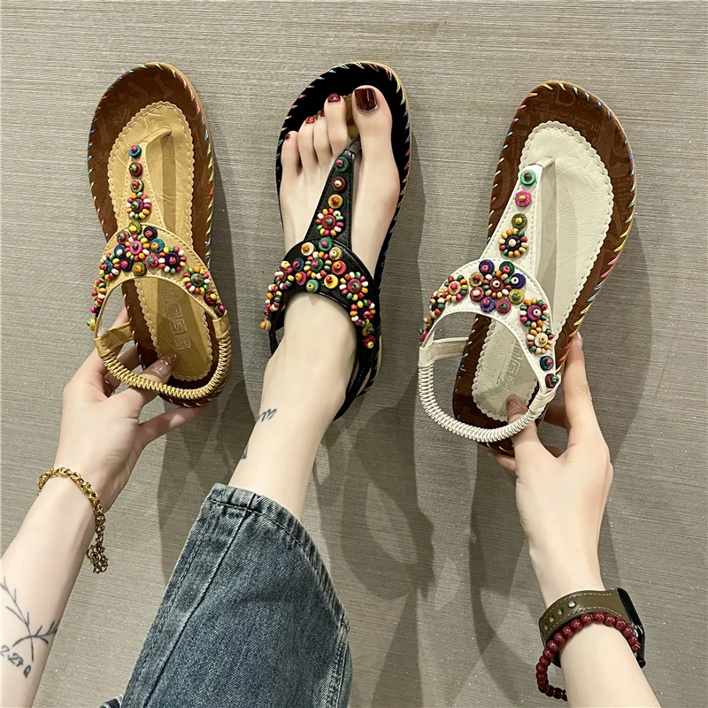 Summer Women Sandals 2023 Flat Casual Shoes Bead Slip On Sandalias Fashion Flip-Flop Roman Shoes for Women Chaussure Femme