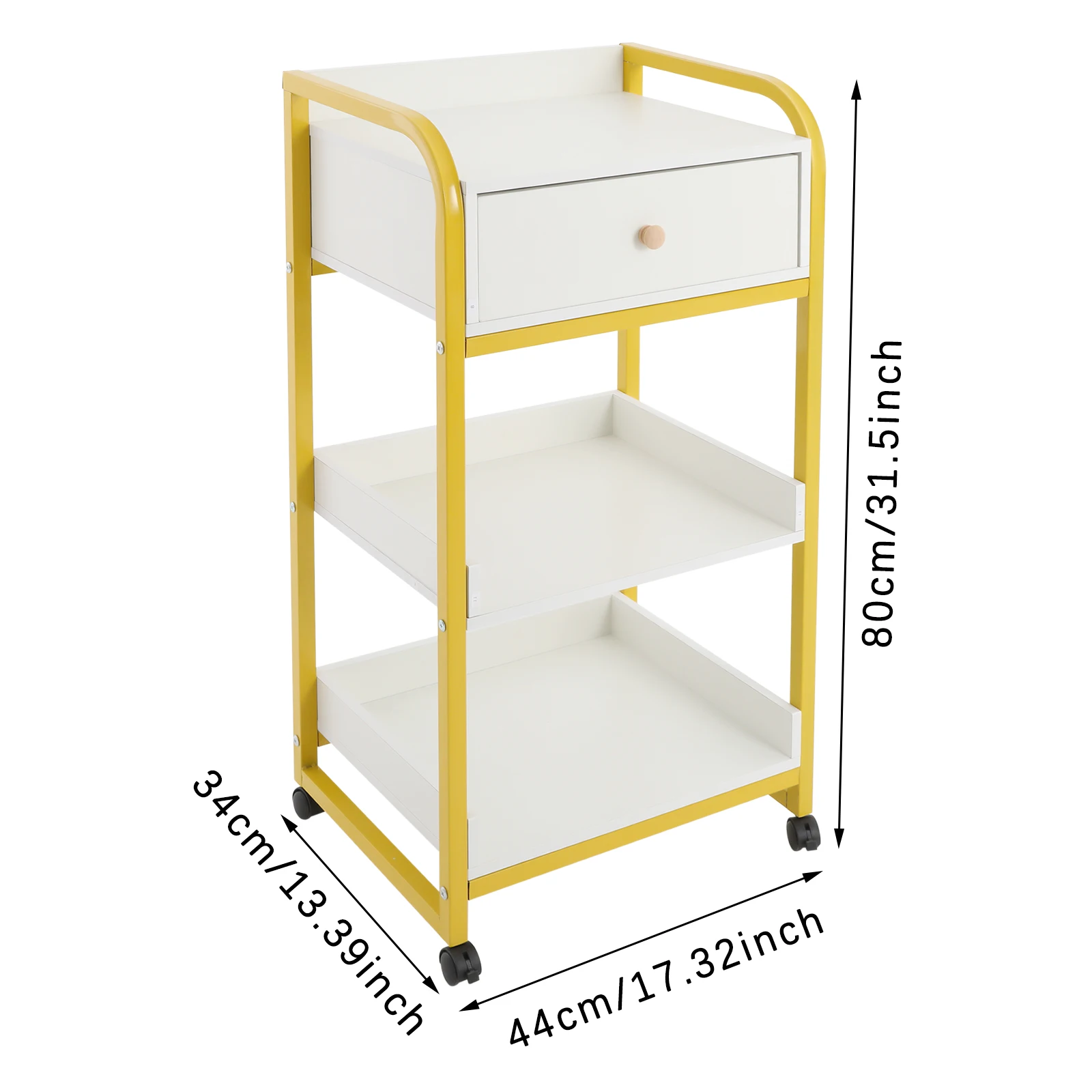 44*34*80cm Gold&White Salon Storage Cart Floor Standing Salon Cart Salon Storage Cart with 4 Wheels Guardrails