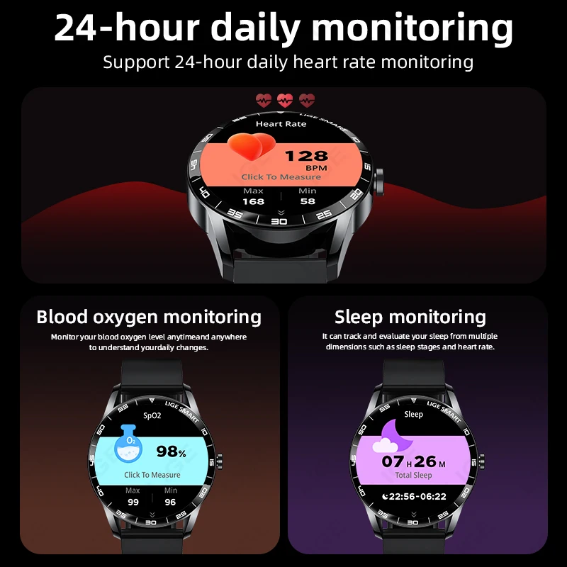 LIGE Smart Watch Chiamata wireless Previsioni meteo Ricarica magnetica Impermeabile Controllo musicale Sport Uomo SmartWatch per Android IOS