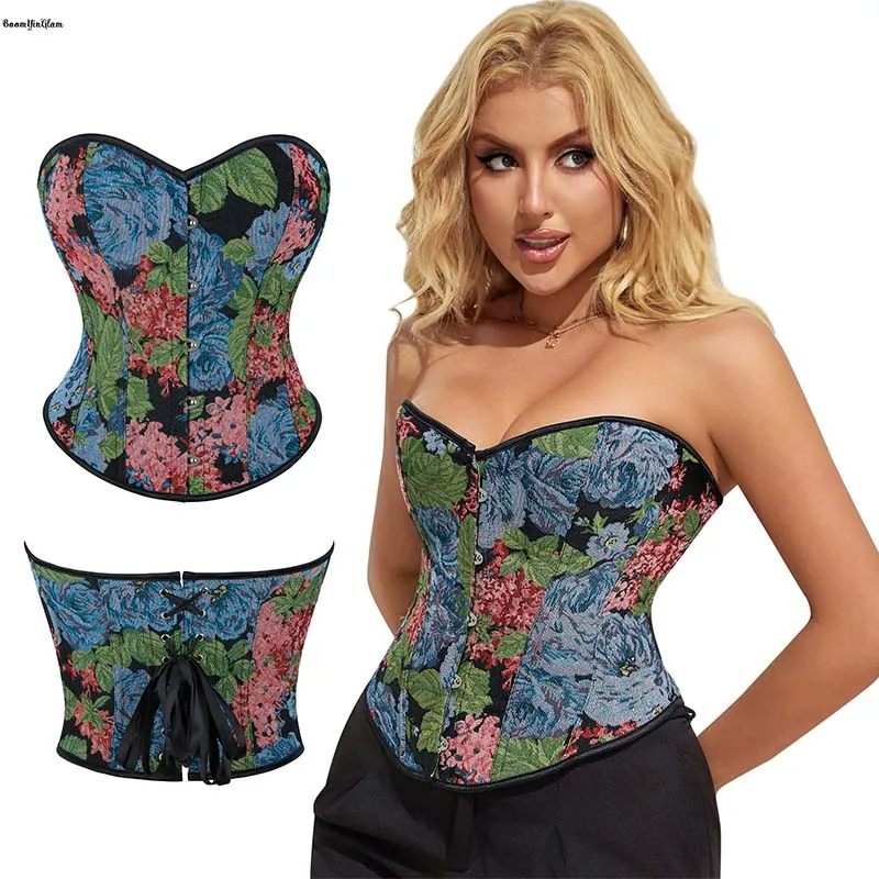 

Mixed Color Fashion Elegant Korsette Floral Print Lace up Bond Vintage Corselet Strapless Corset Tops For Women