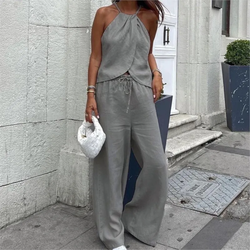 

Elegant Street Treasure Sets Women Sexy Halter Sleeveless Tank Top HIgh Waist Wide Pants Two Piece Sets Cotton Outfit Summer