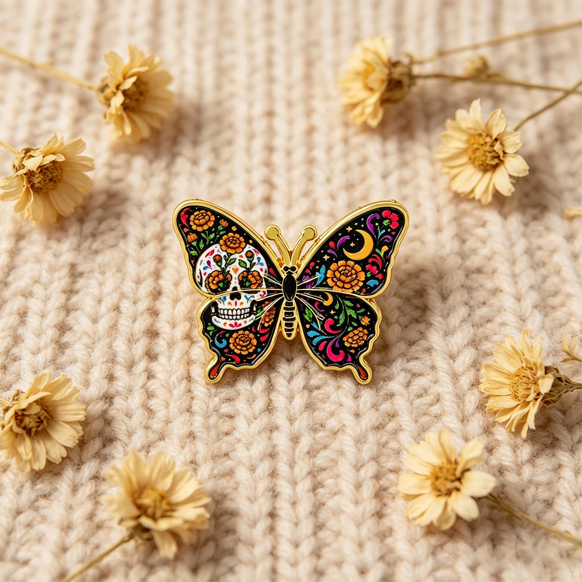 9-teiliges Set Schmetterling-Totenkopf Emaille-Pins Blumen-Mond Punk Anstecknadeln Abzeichen für Rucksack Kleidung Accessoires Modeschmuck Geschenke – Detail 3