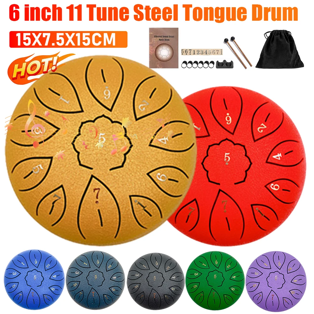 6Inch 11 Notes Steel Tongue Drum With Drumsticks Yoga Meditation Drums Portable Rain Hollow Hand Pan Drum Percussion Instruments