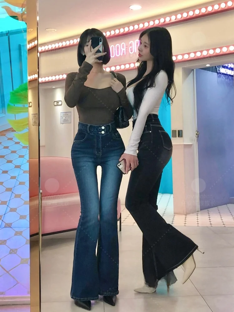 

Retro Blue Bell Bot Jeans Faionable Double Bule Slim Fit High Waist Cotton Stretch Denim Spring Autumn New Sle