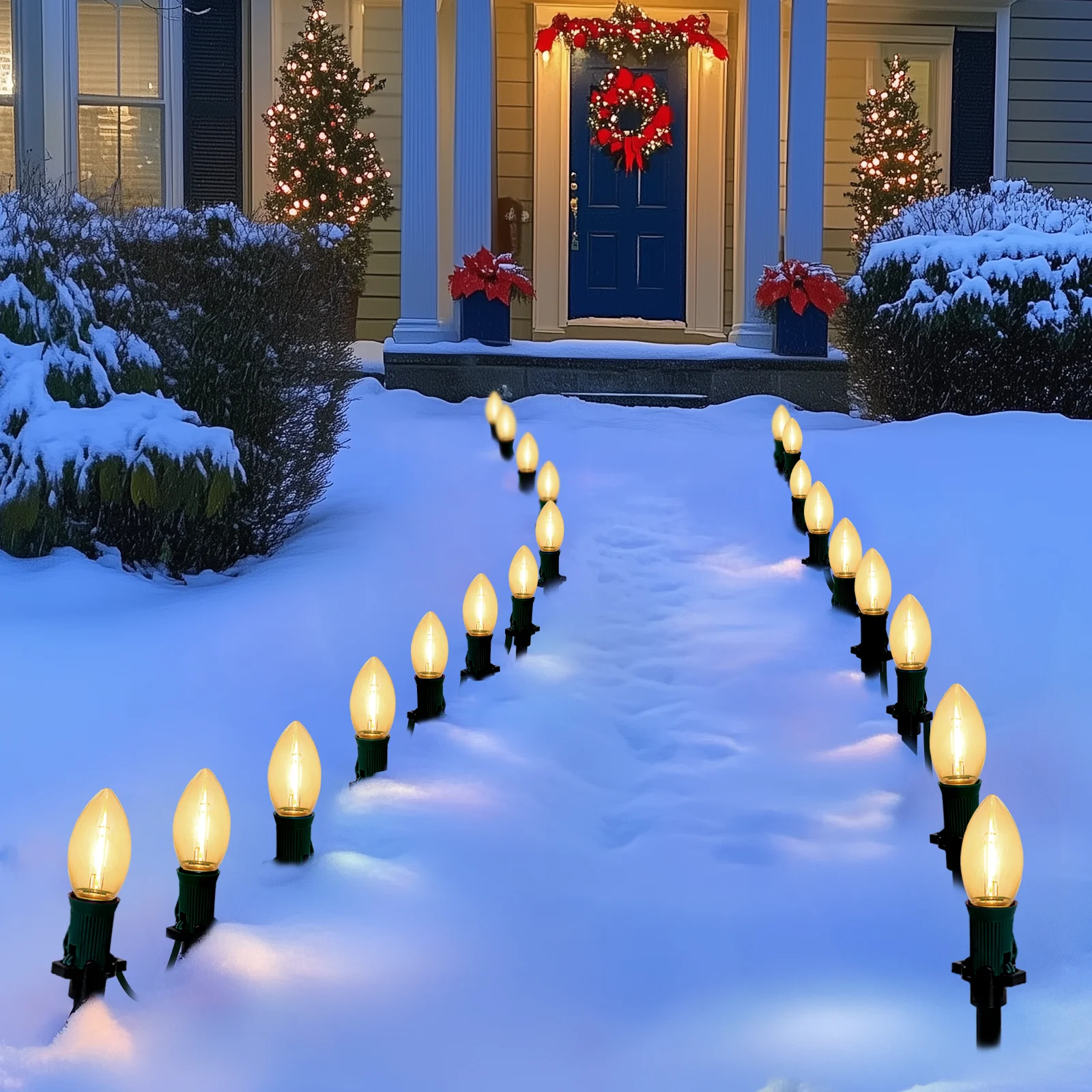 

3-in-1 Electric C9 LED Christmas String Lights With Clips, 20-Light 30FT Pathway Lights For Roof Christmas Tree Yard Sidewalk
