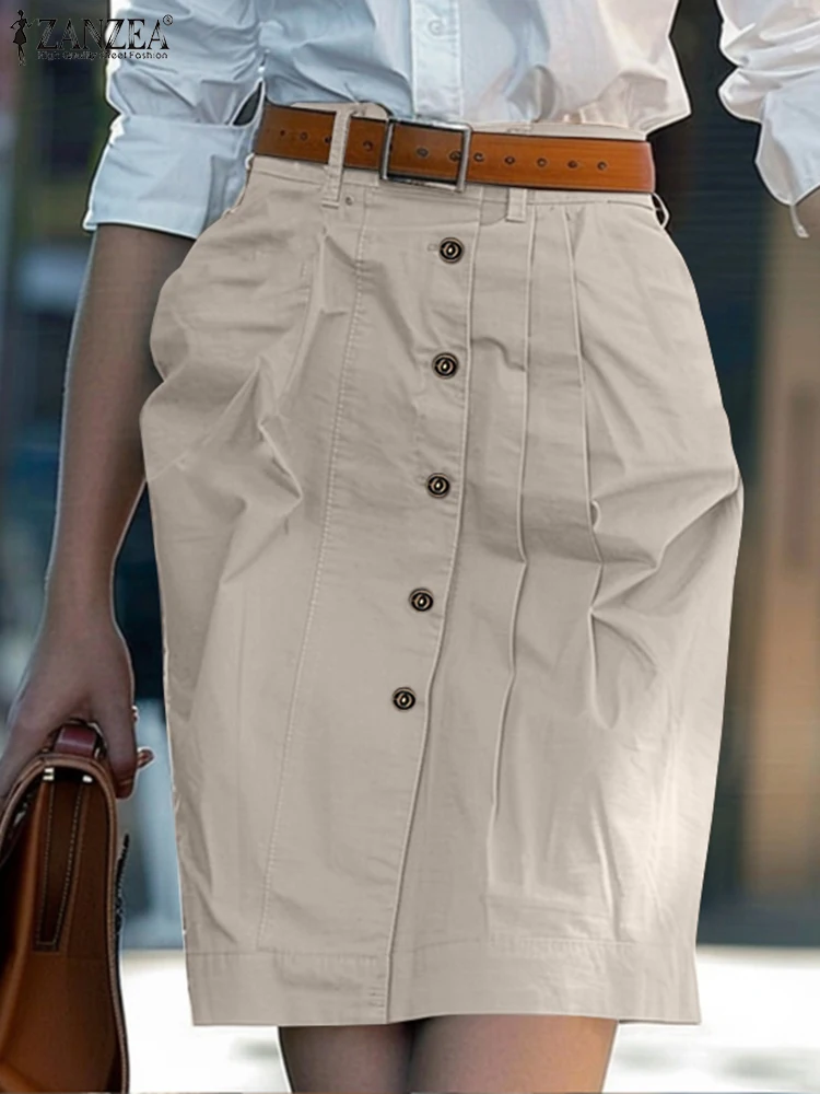 

ZANZEA Elegant Office Lady Mini Skirts Women Daily Wear Button Up Solid Faldas Mujer 2025 Trendy Pleated High Waist Pencil Skirt