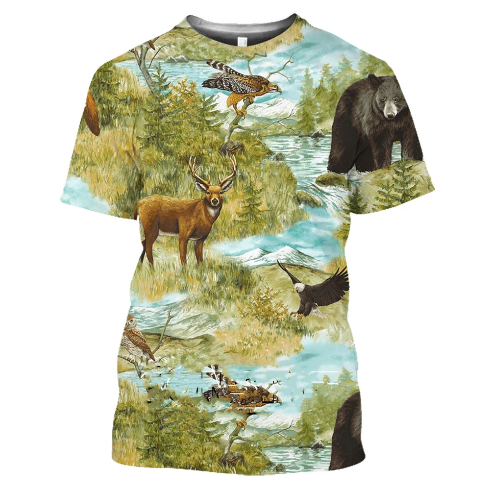 Camo caça animal cervos elk 3d camiseta masculina verão casual moda vestido de rua feminino manga curta roupas versáteis