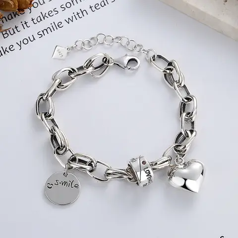 Bracelet en argent thaïlandais pour femmes, Vintage, géométrique, cœur, amour, porte-bonheur, Punk, bijoux de fête, cadeau d'anniversaire pour la saint-valentin
