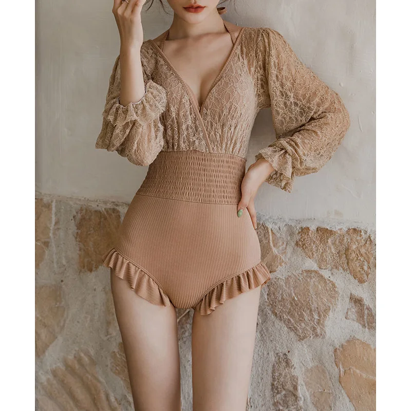 2023 Sommer modische böhmische V-Ausschnitt gepolstert hohe Taille Slim Fit gekräuselte Spitze Langarm Sonnencreme solide einteilige Bikini-Set