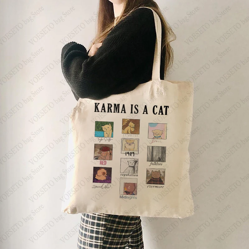 Karma Is A Cat Pattern Totes Kawaii Cat Graphic Canvas Tote Bag Large Capacity Estetyczne torebki na zakupy wielokrotnego użytku dla kobiet