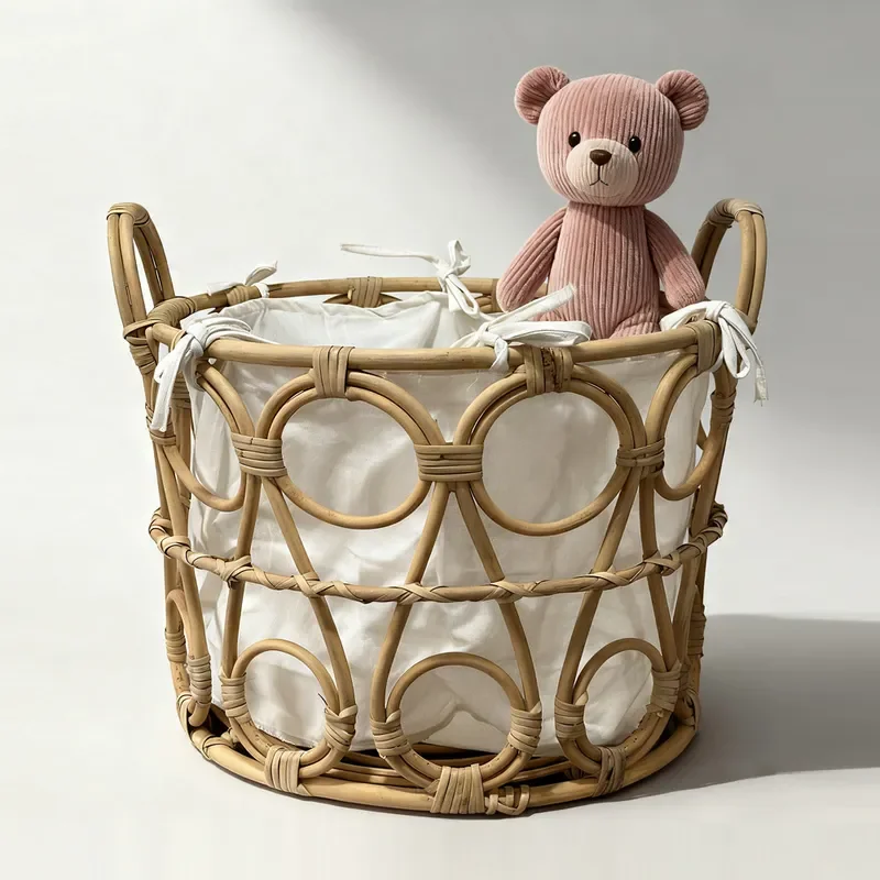 Nordic Style Rattan Laundry Basket Portable Wicker Hamper with Liner for Bathroom Bedroom Living Room Dirty Clothes Storage