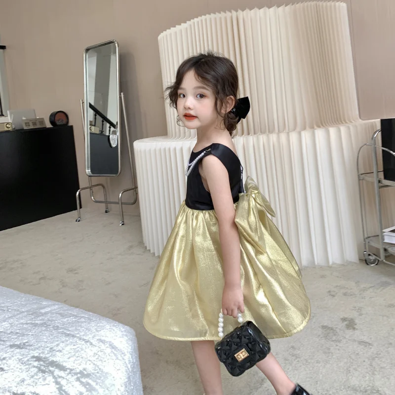 open lace back dress Sweet Baby Girls sleeveless black and gold color tail princess dress  Toddler Prom Dress