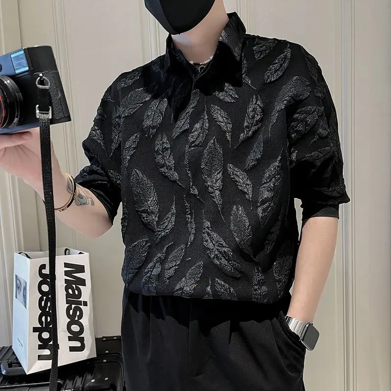 Stylish Jacquard Weave Basic Shirts Men's Clothing Solid Color Summer Business Casual 3/4 Sleeve Loose Turn-down Collar Shirts