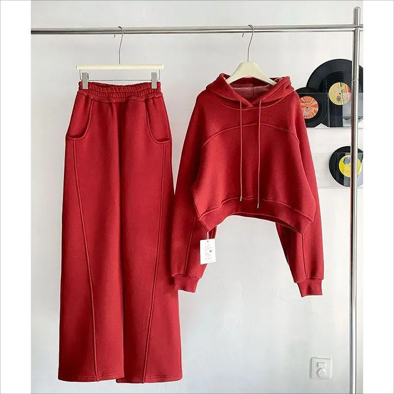 

Faionable Red Thiened Fce Sports Set Women's Spring Autumn New Sle Slimming Versatile Two-Piece Sweatirt Set