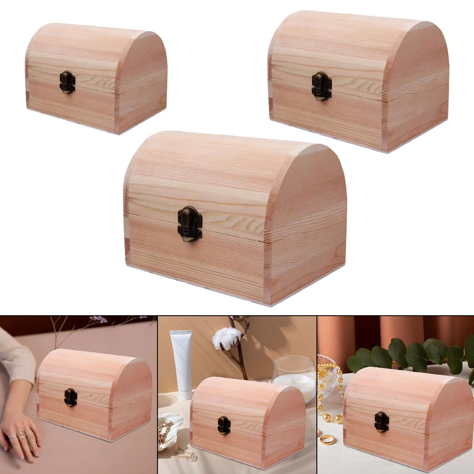 Unfinished Wood Box Container Keepsake Box with Hinged Lid Wooden Box Treasure Chest Box for Storage Necklace DIY Gift Arts