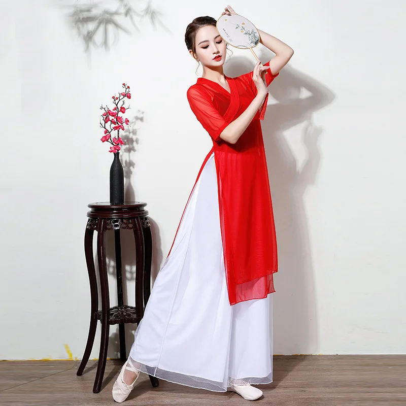 Square dance uniform, women's Hanfu, long classical dance double layered wide leg pants, performance suit, adult dance training