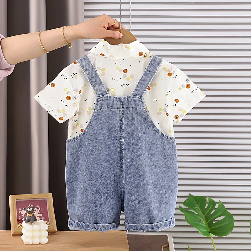 0-5 Years Baby Boy Summer Sets Clothing 2026 Toddler Boys Cartoon Short Sleeve Shirts and Jeans Suspenders 2 Piece Kids Outfits