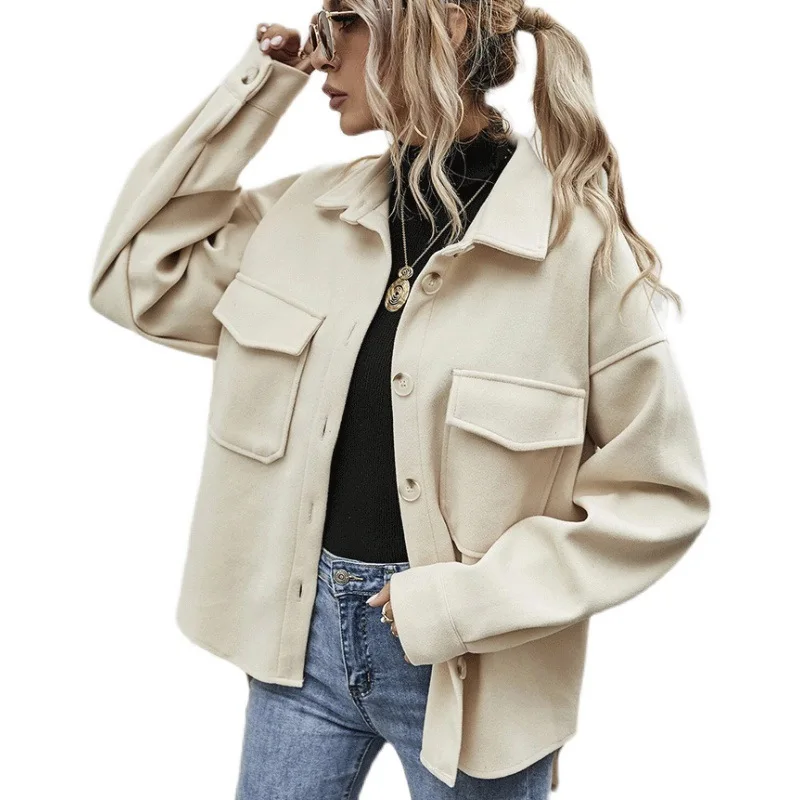 European American Women's Clothing 2025 Spring Lapel Single-breasted Thickened Solid-color Woolen Loose Coat