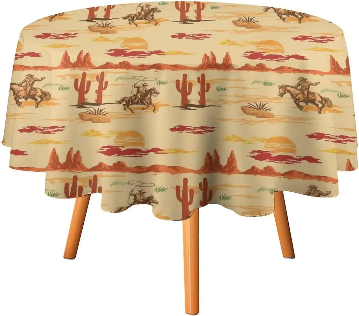 Vintage Western Cowboy Desert Cactus Circle Tablecloth - Rustic Wild West Style Home Party Dining Kitchen Cover