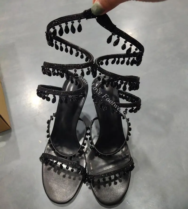 Sexy Snake-shaped Crystal Tassel Stiletto Sandals Open-toe Leg Winding Rhinestone Drops 8/10cm High Heeled Roman Women Shoes