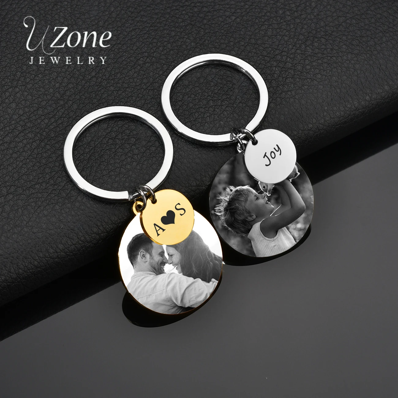 

UZone Custom Photo Keychains Stainless Steel For Women Men Laser Engraved Picture Name Date Keyring Family Creative Jewelry Gift