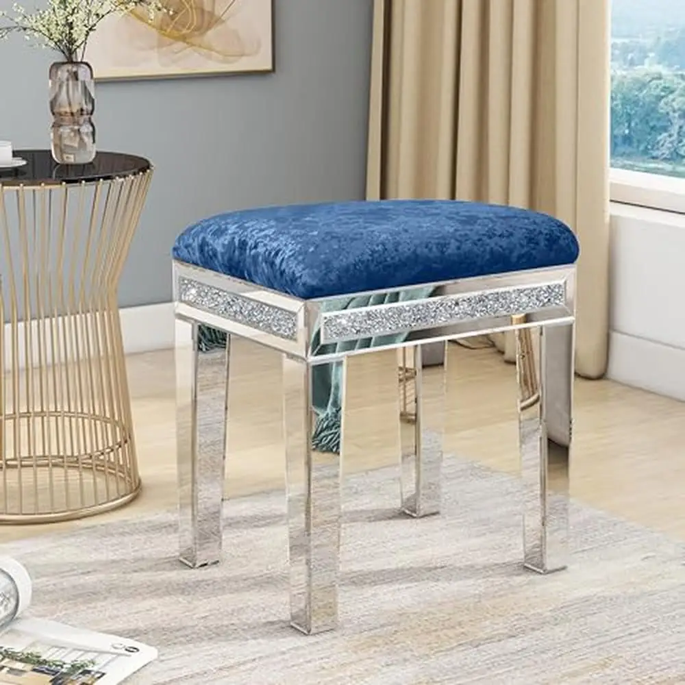 Mirrored Vanity Stool Crushed Diamond Inlay Velvet Cushion Elegant Makeup Chair Ottoman