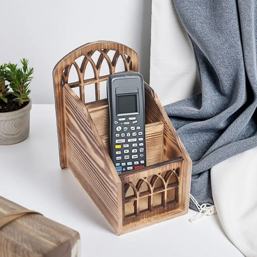 Multi-functional 3 Grids Remote Control Storage Box Wooden Vintage Style Remote Container Decorative Desktop Organizer Bedroom