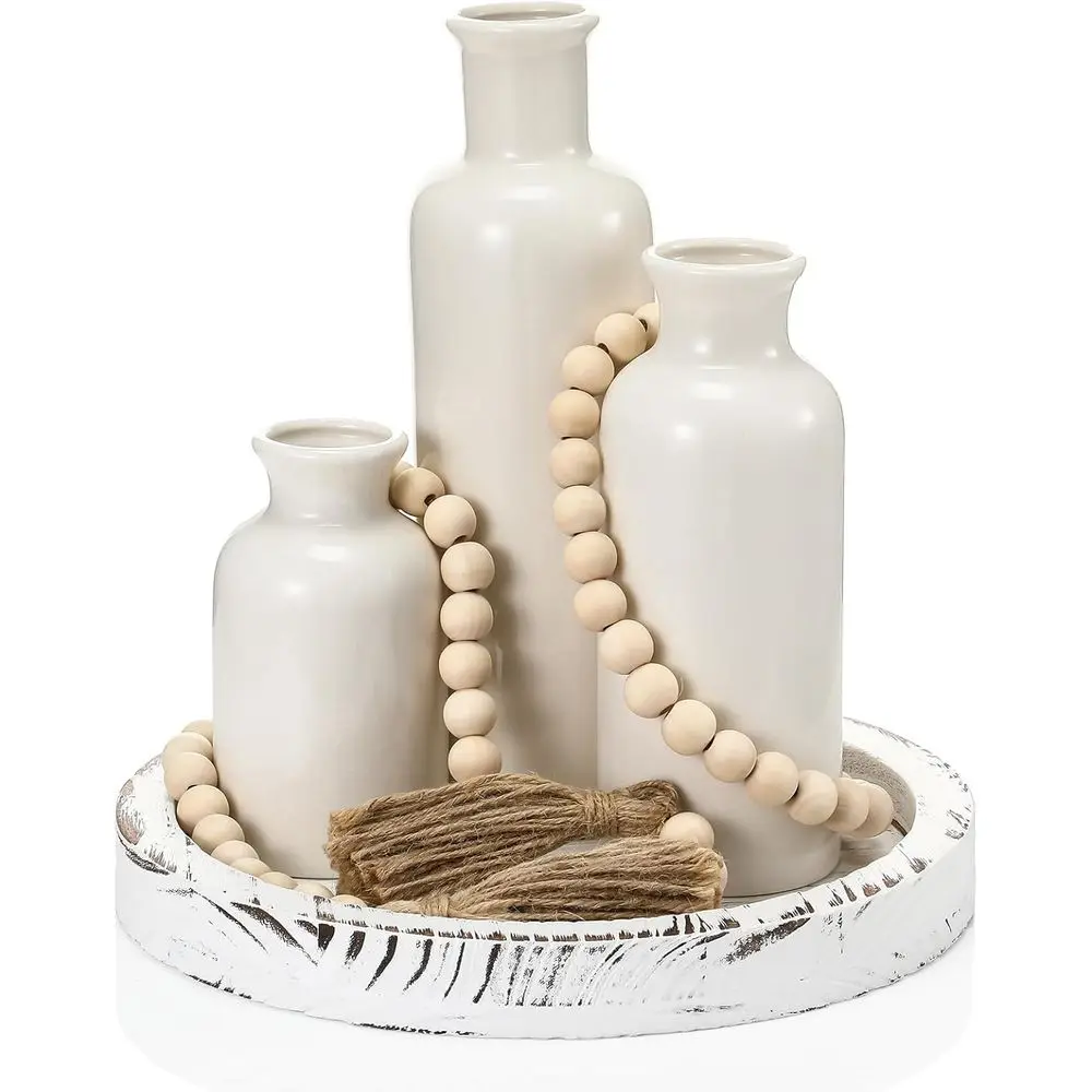 

5 Pcs Rustic Country Tabletop Centerpieces Decor Set of 3 Boho Ceramic Vases with Wooden Serving Tray Wood Bead Garland Tassels