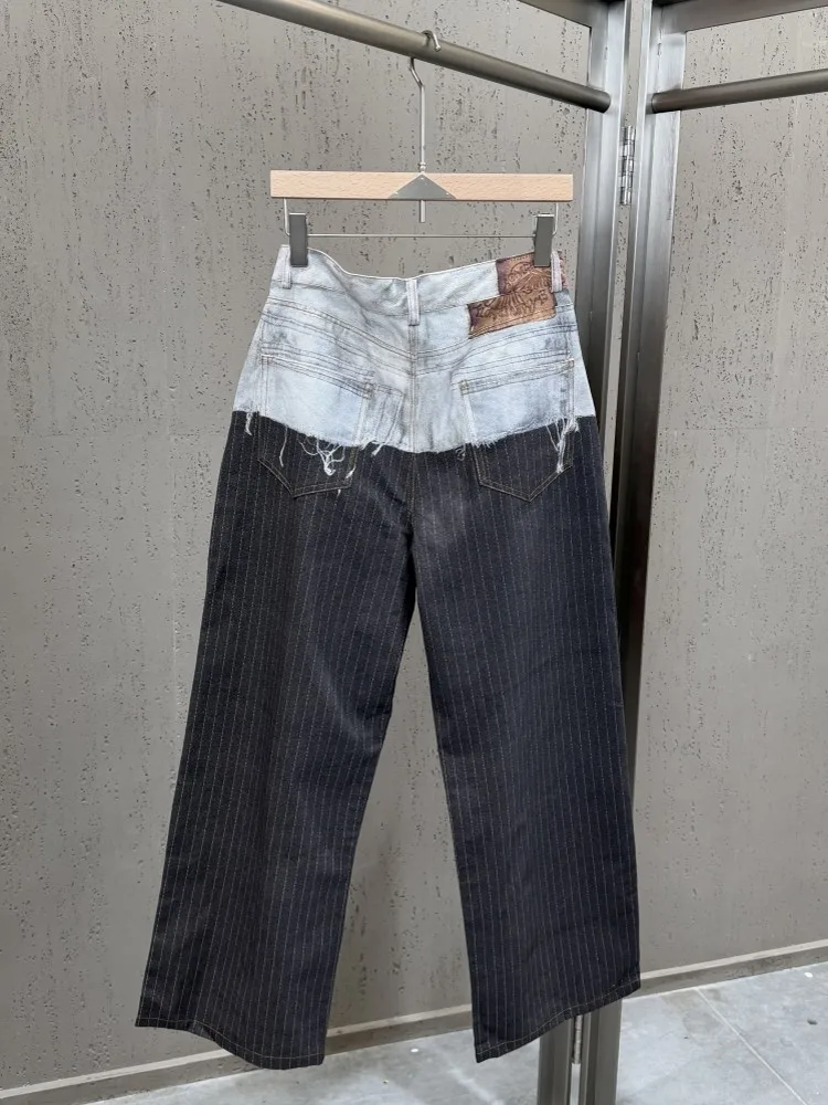 Spring Summer Women Fake Two Piece Spliced Jeans Streetwear Personalized Loose Straight Long Pants Designer Casual Wide Leg Pant