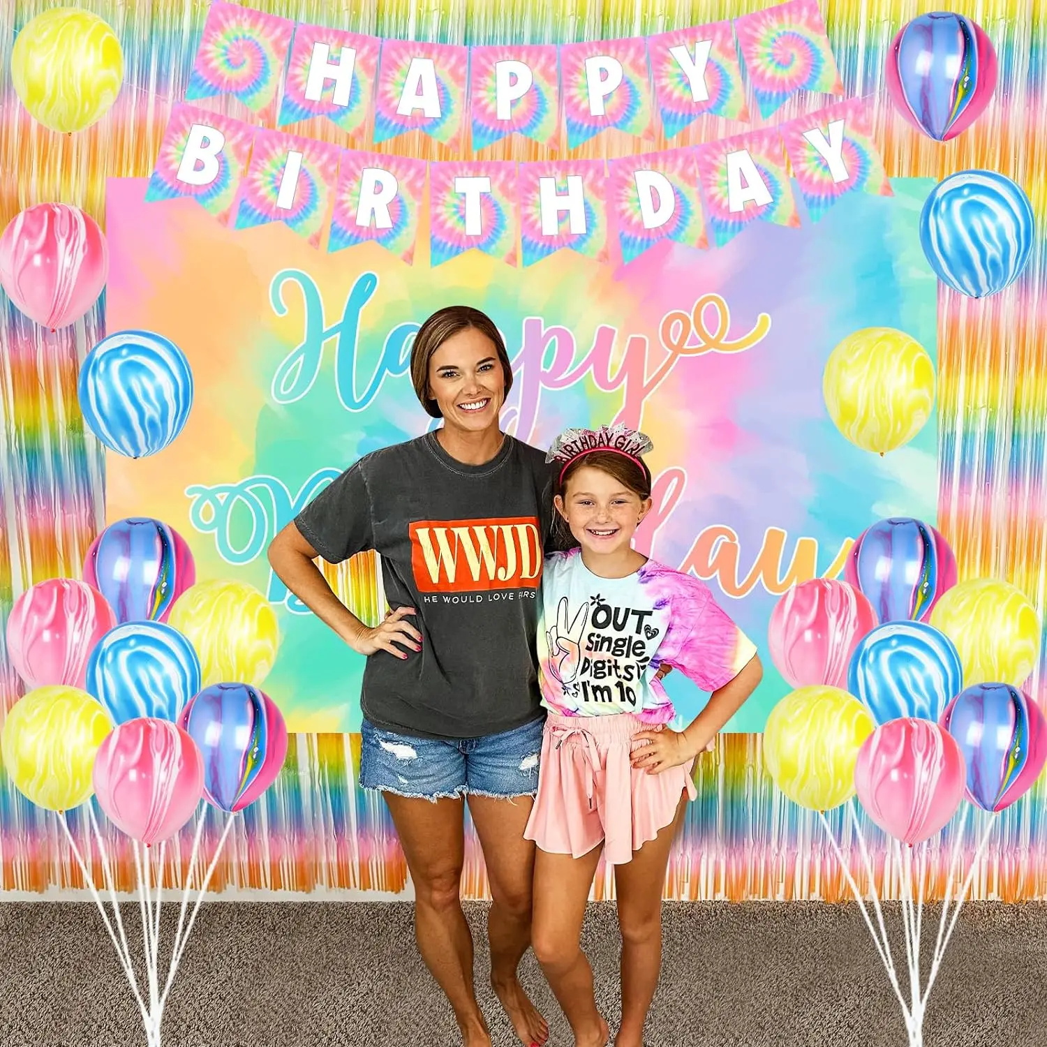 Imagem -02 - Tie Dye Backdrop Bolo Topper com Cupcake Toppers Banner Feliz Aniversário Mármore e Ágata Balões Arco-íris Decoração de Aniversário