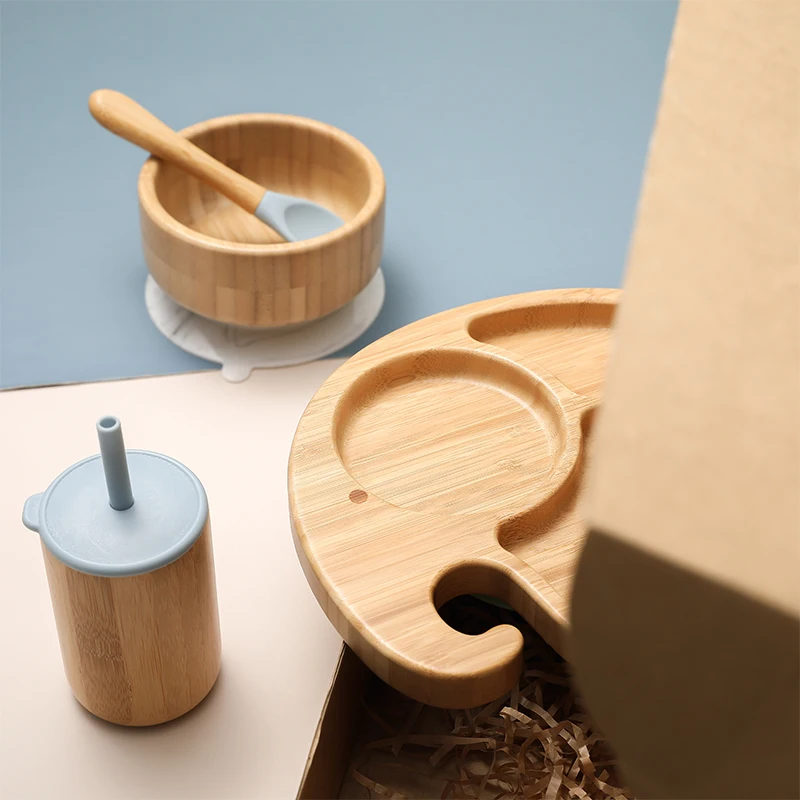 4pcs Bamboo Wooden Dinnerware Baby Feeding Bowl Elephant Feeding Dinner Plate With Sucker Straw Cup Tableware Stuff Baby Gift