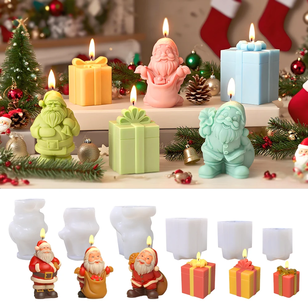 LZ107 3D Santa Claus Candle Silicone Mold Handmade Christmas Gift Box Wax Light Molde Home Gypsum Decorations