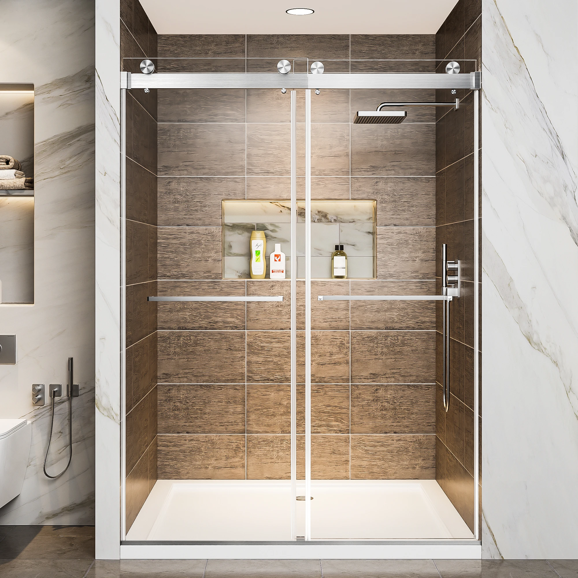

60" W x 78" H Brushed Nickel Frameless Double Sliding Shower Door, 3/8"(10mm) Tempered Glass With Explosion-proof Film